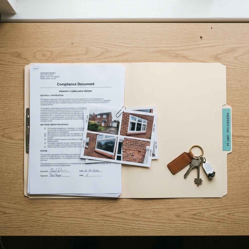 A single organised property file holding documents, a tenancy and inspection photos together