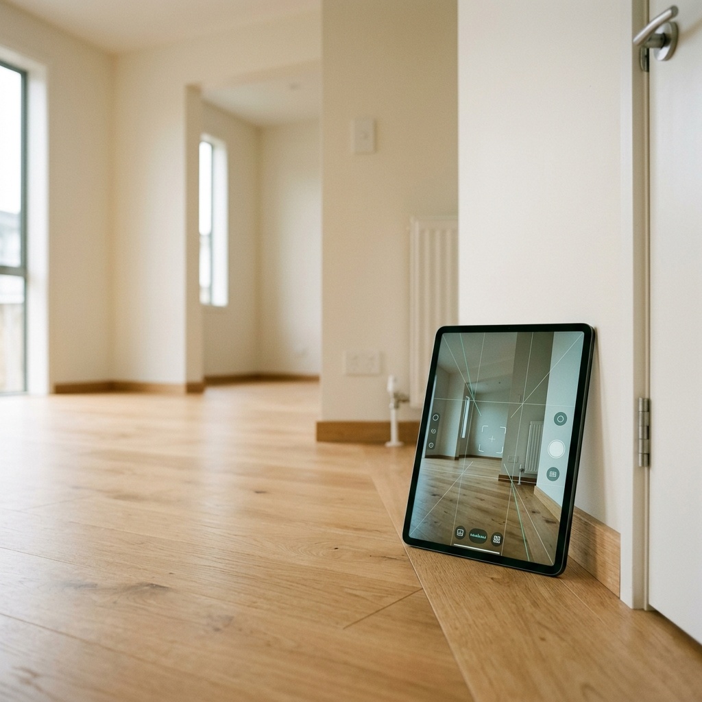 A tablet propped against a wall during a pre-move-in inspection, capturing an empty room
