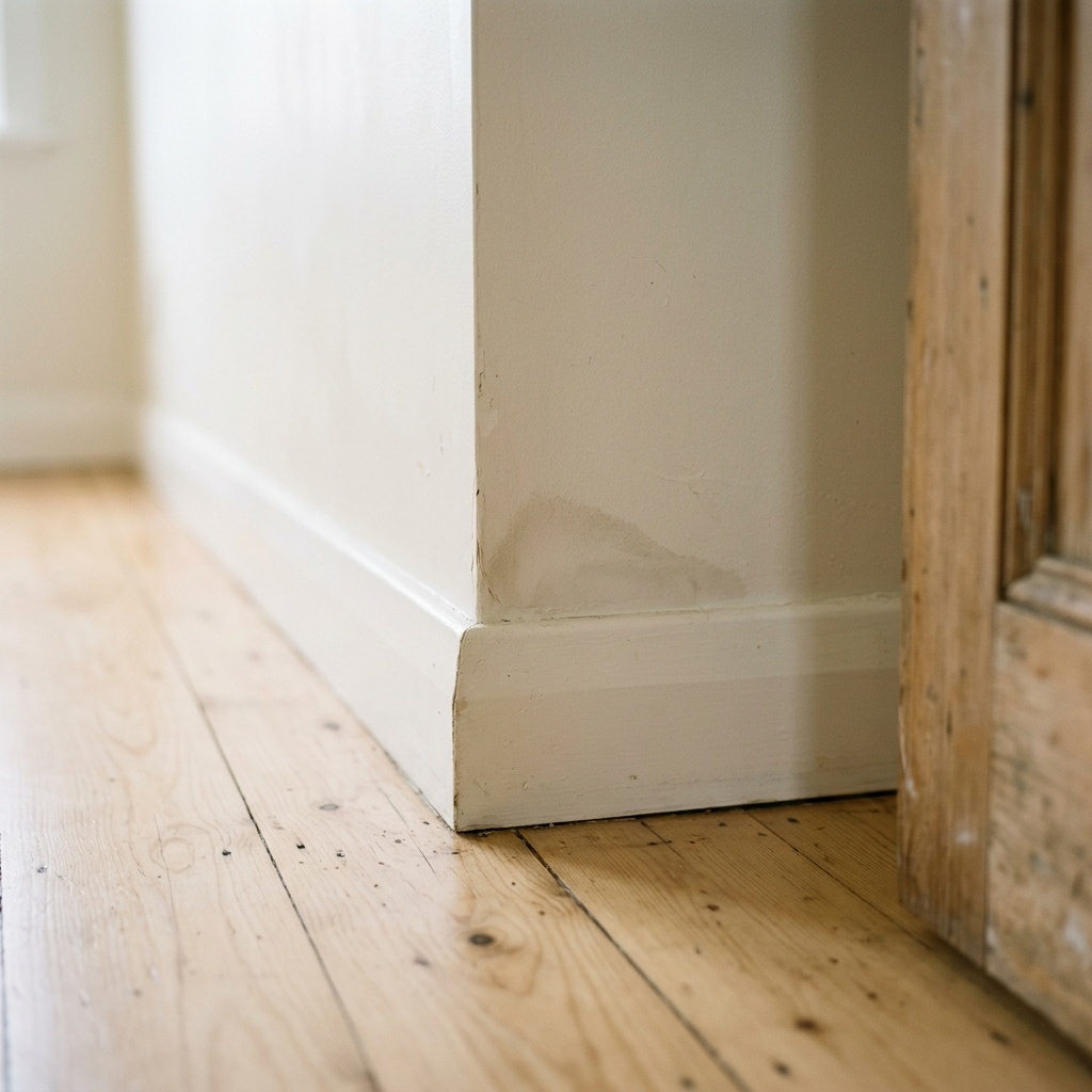 A close-up of a wall and floor corner with a subtle darkness pattern suggesting early moisture